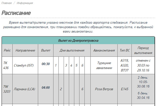Расписание на сайте аэропорта Днепропетровск