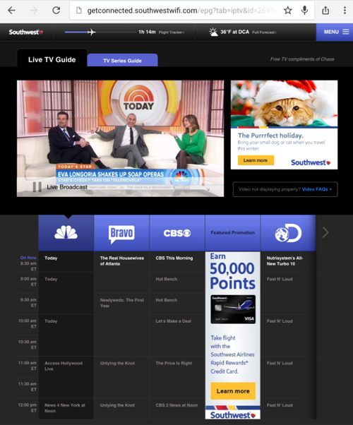 Просмотр телеканалов на борту Southwest