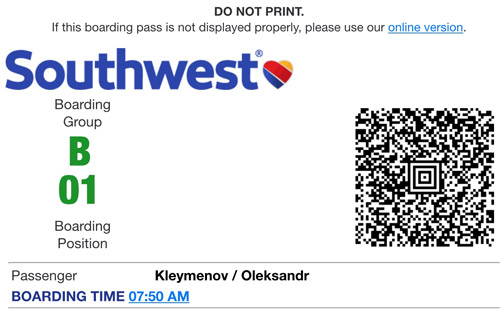Посадочный талон на рейс Southwest