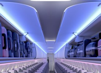 Illustration of the Airspace cabin interior in the Airbus A220 featuring enlarged overhead bins for carry-on luggage and new lighting