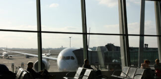 A passenger in the airport waiting lounge
