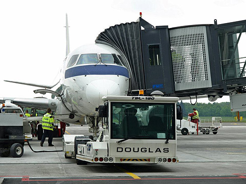 Glass air bridge at new terminal of airport Wroclaw Copernicus