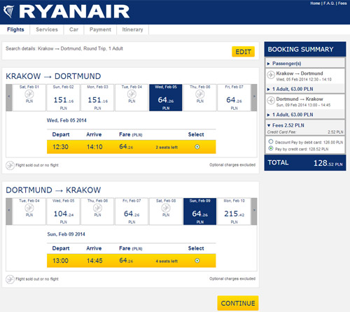 Новая страница бронирования авиабилета Ryanair