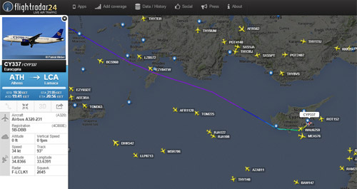 Последний рейс Cyprus Airways из Афин в Ларнаку, скрин flightradar24
