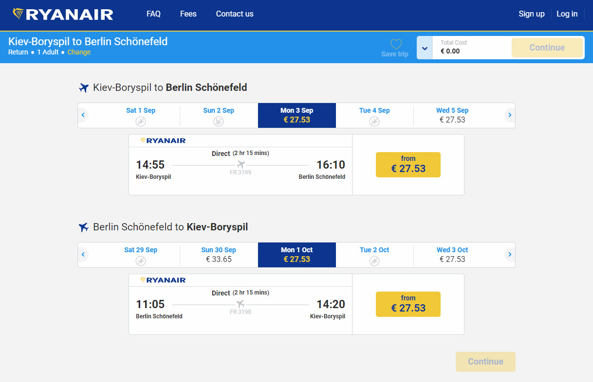 Цена билетов на рейсы Киев-Берлин на сайте Ryanair