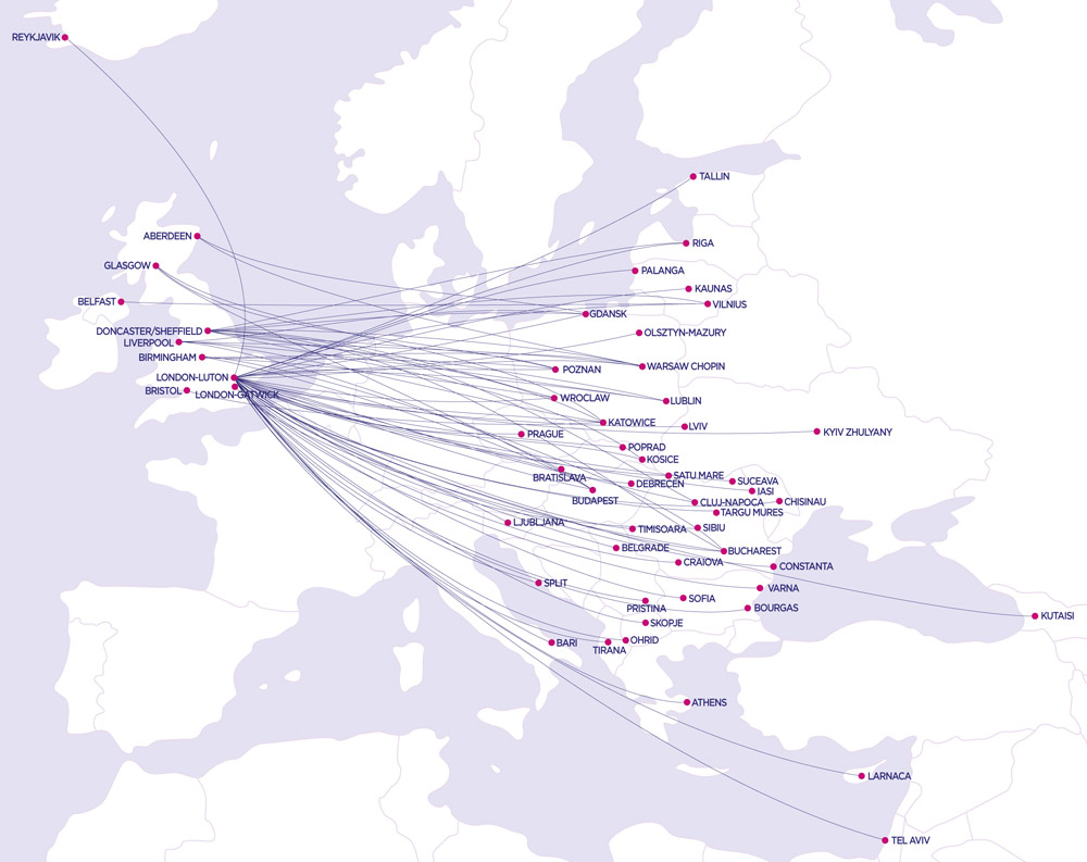 Карта маршрутов Wizz Air из аэропорта Лондон Лутон