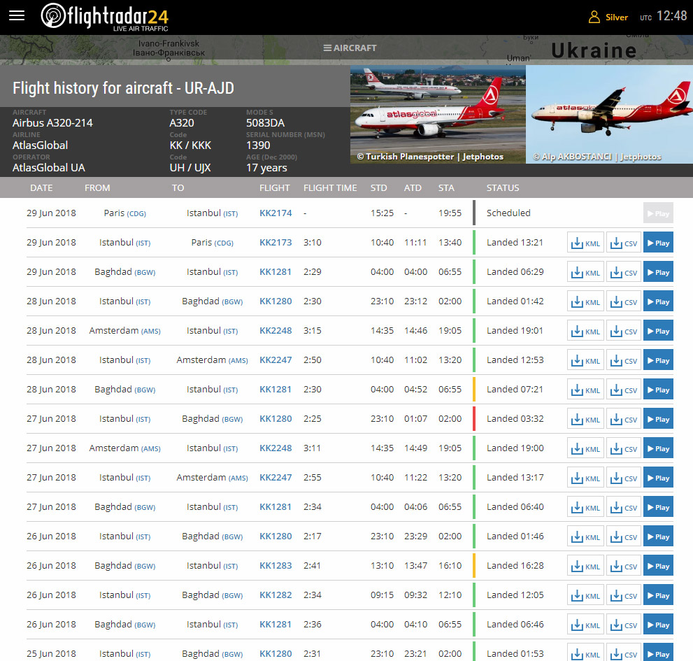 Полеты Airbus A320 UR-AJD за последние дни по данным flightradar24