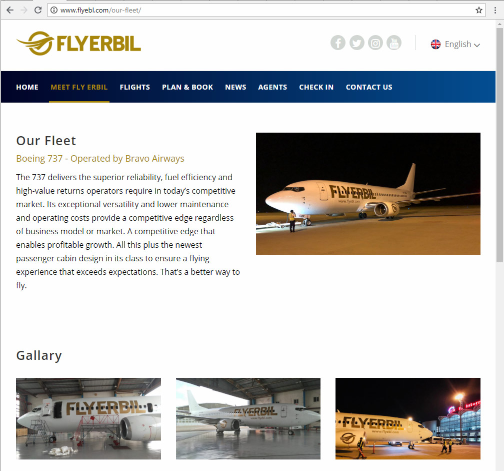 Раздел Флот на сайте flyebl.com, в котором размещены фотографии Boeing 737 с украинской регистрацией UR-CQW в ливрее flyerbil