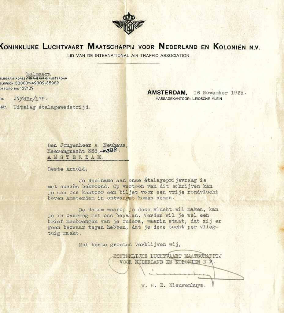 Письмо, отправленное авиакомпанией KLM Арнольду о его выигрыше в конкурсе