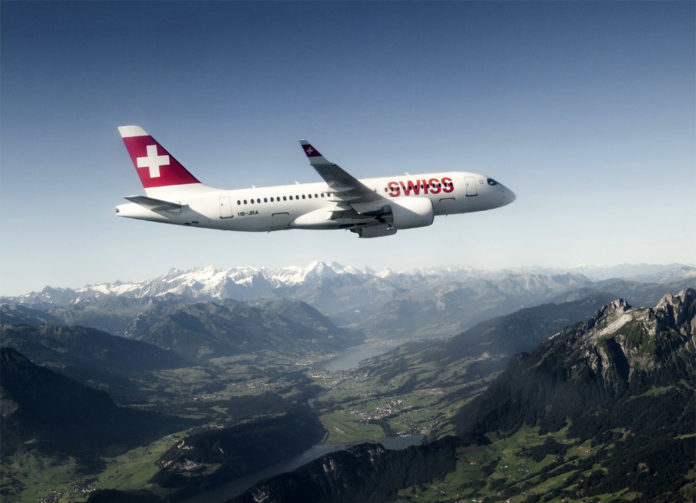 Bombardier CS100 Swiss в небе над Швейцарией