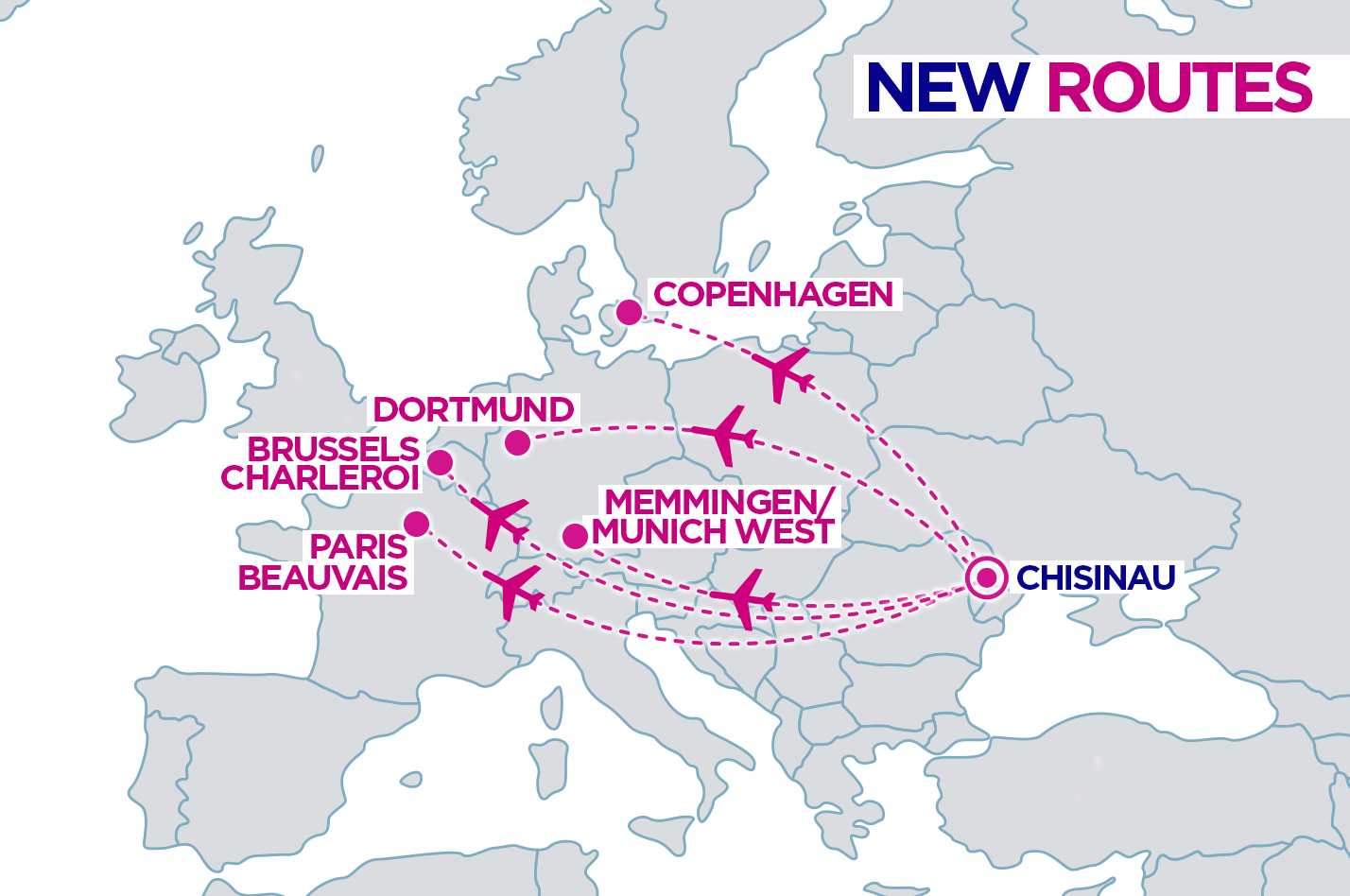 Карта новых маршрутов Wizz Air из Кишинева, опубликованная 5 июля