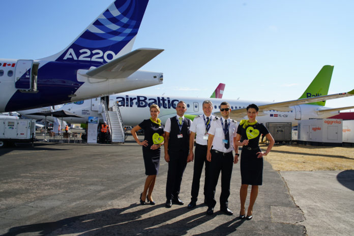 Airbus A220-300 airBaltic (Bombardier CS300) на авиасалоне в Фарнборо. Фото: airBaltic