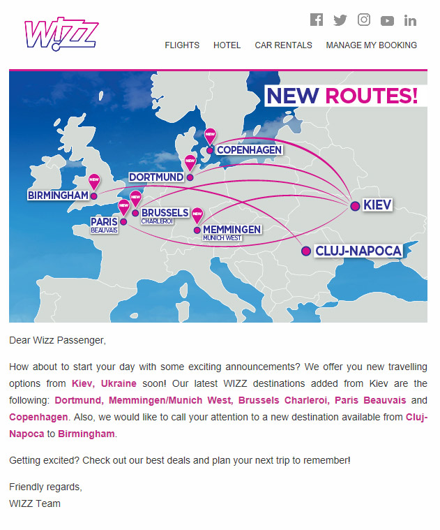 Скрин электронного письма о новых маршрутах из Киева, который Wizz Air разослал своим подписчикам