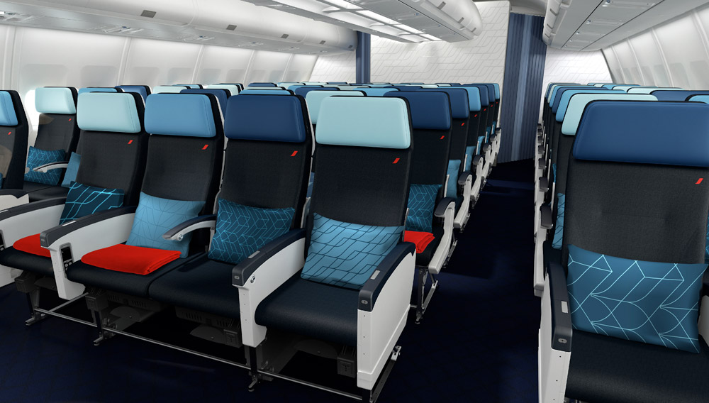 В новом эконом-классе Air France на дальнемагистральных самолетах акцент сделан на темно-синий цвет
