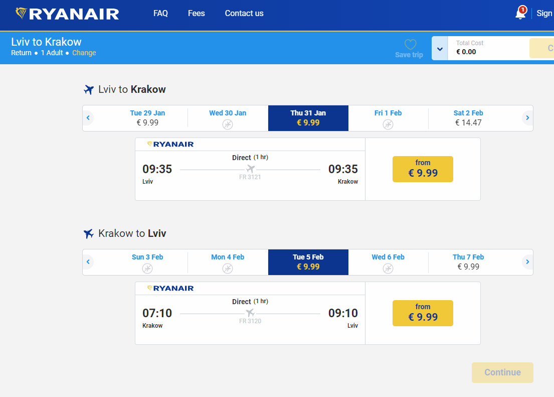 Билеты на рейсы Ryanair из Украины по 9,99 евро в одну сторону