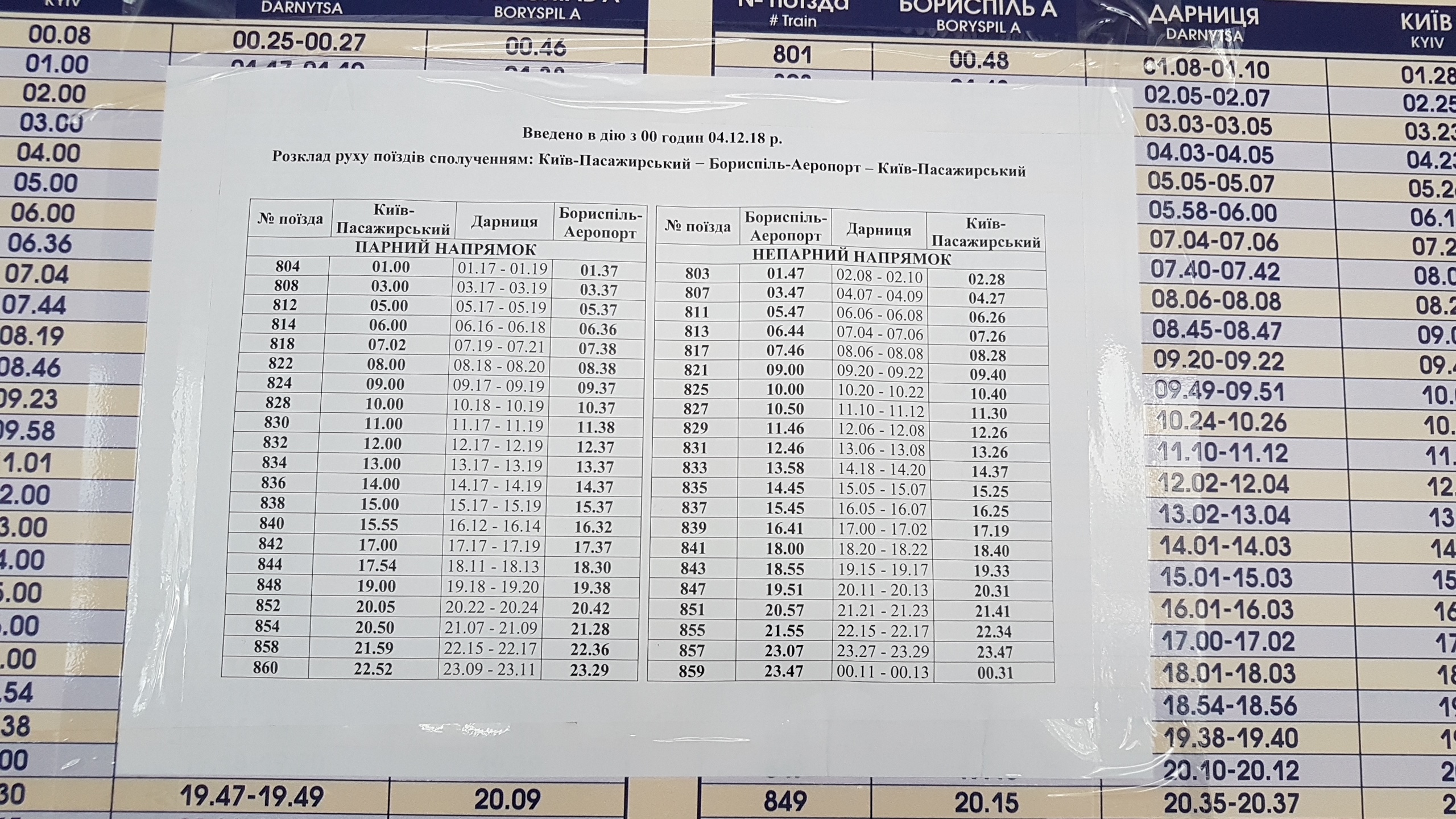 Новое расписание поездов "Киев Борисполь Экспресс" с 4 декабря 2018 года