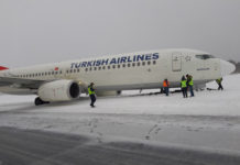 Выкатившийся за пределы полосы после посадки во Львове Boeing 737-800 Turkish Airlines