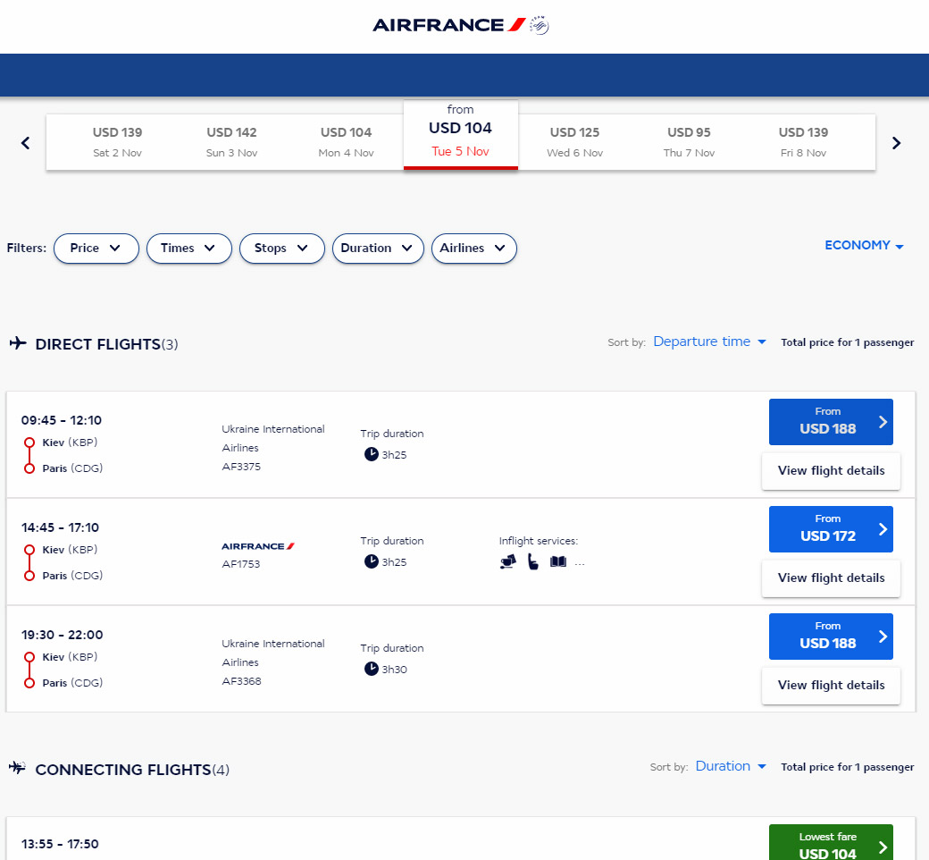 Обновленные данные из системы бронирования Air France, на зимний сезон 2019/2020 доступен один из двух ежедневных рейсов Киев-Париж. Скриншот сайта сделан 24 мая 2019 года