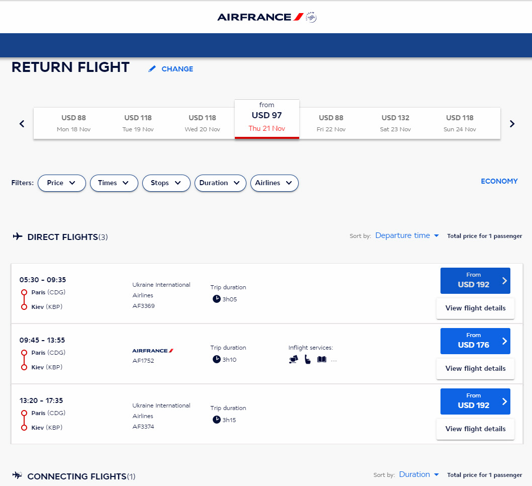 Обновленные данные из системы бронирования Air France, на зимний сезон 2019/2020 доступен один из двух ежедневных рейсов Париж-Киев. Скриншот сайта сделан 24 мая 2019 года