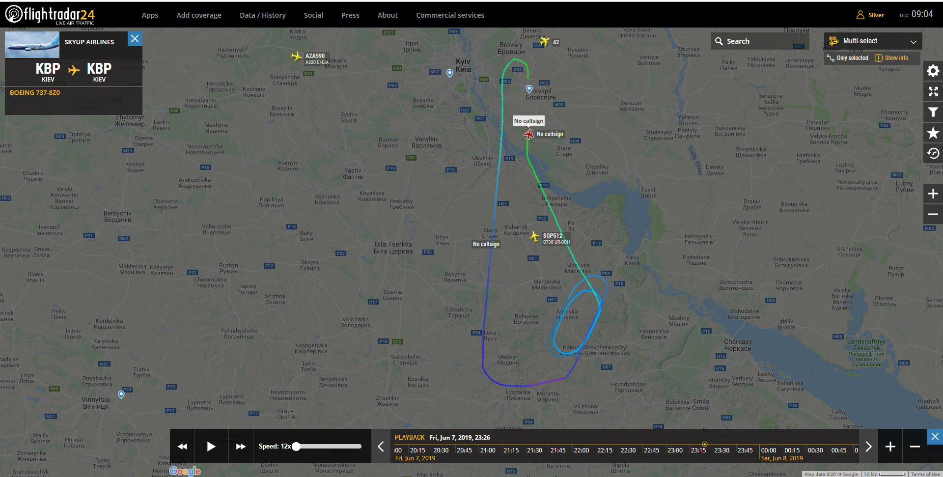 Запись полета самолета Boeing 737-800 SkyUp 8 июня 2019 года. Скриншот с сайта flightradar24.com