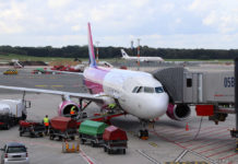 Самолет Wizz Air в аэропорту Гамбурга у телетрапа