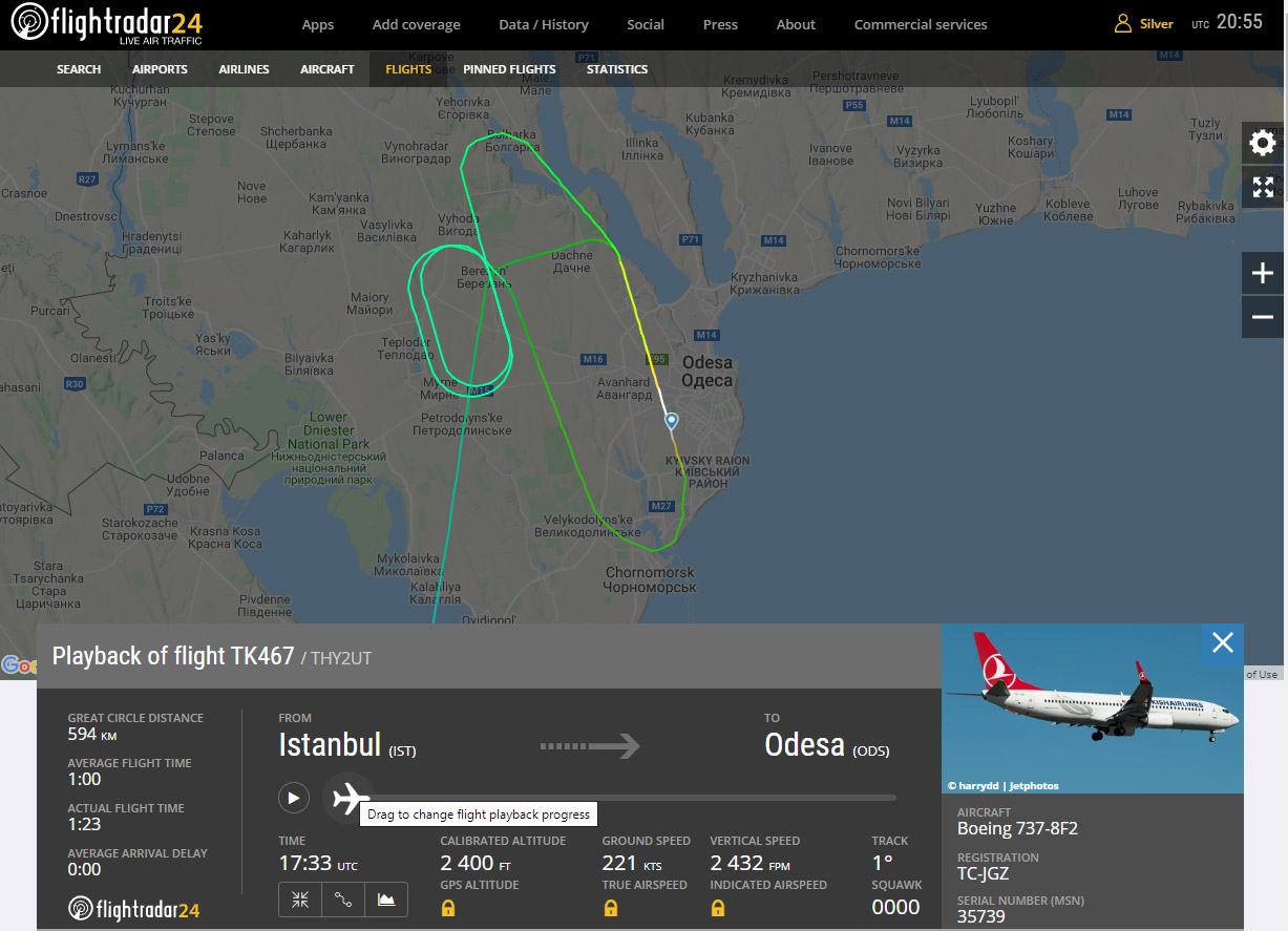 Траектория полета Boeing 737-800 Turkish Airlines перед посадкой в Одессе