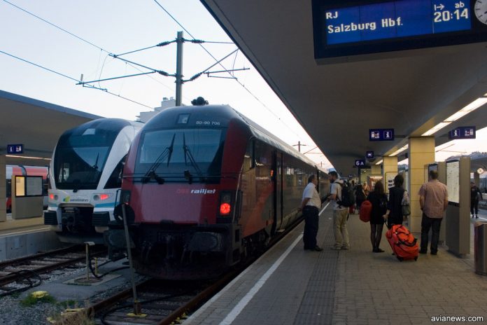 Поезд Railjet австрийских федеральных железных дорог OBB