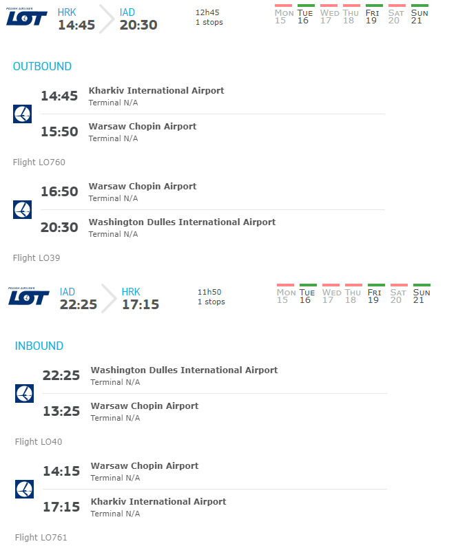 Пример стыковок рейсов LOT на пути из Харькова в Вашингтон и обратно