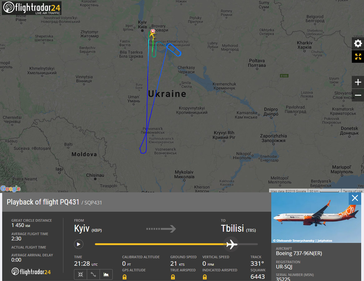 Возврат Boeing 737-900ER SkyUp в аэропорт Борисполь после вылета рейсом PQ431 28 декабря 2019 года