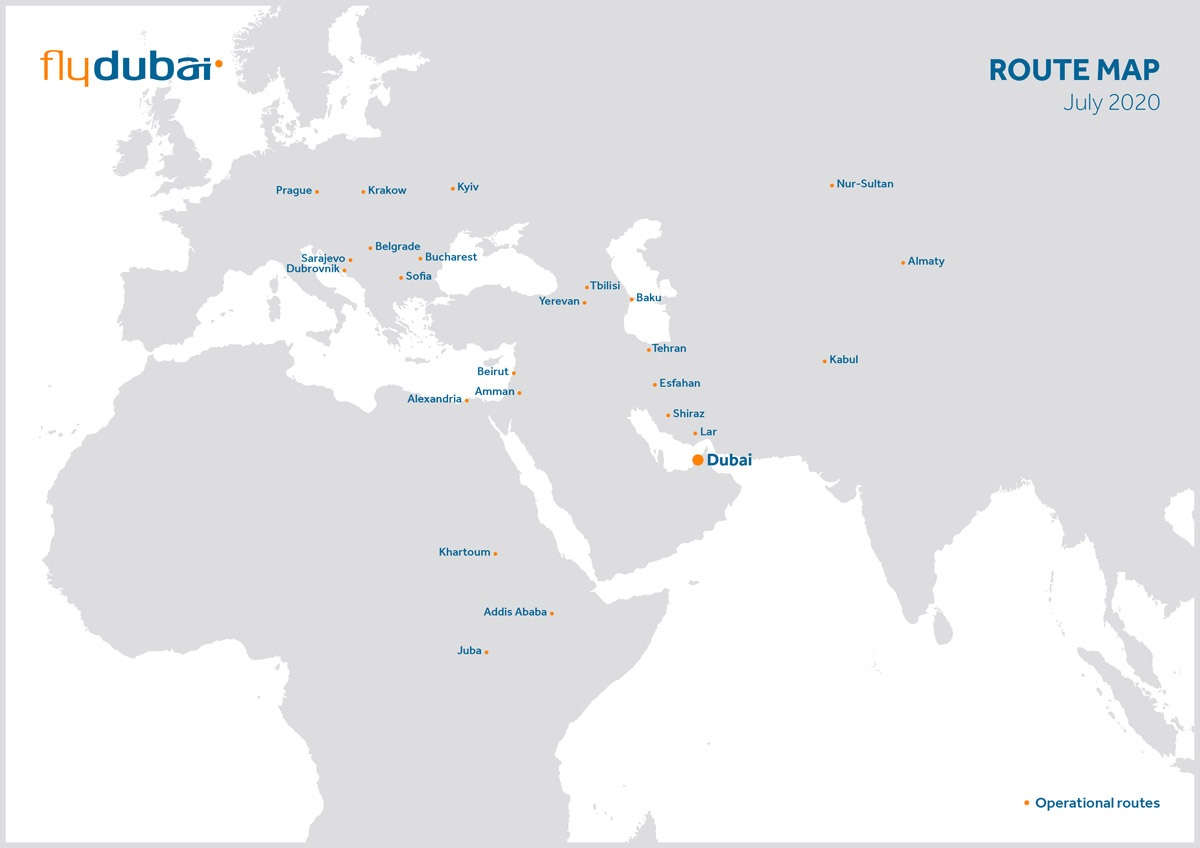 Планируемая маршрутная сеть flydubai в июле 2020 года