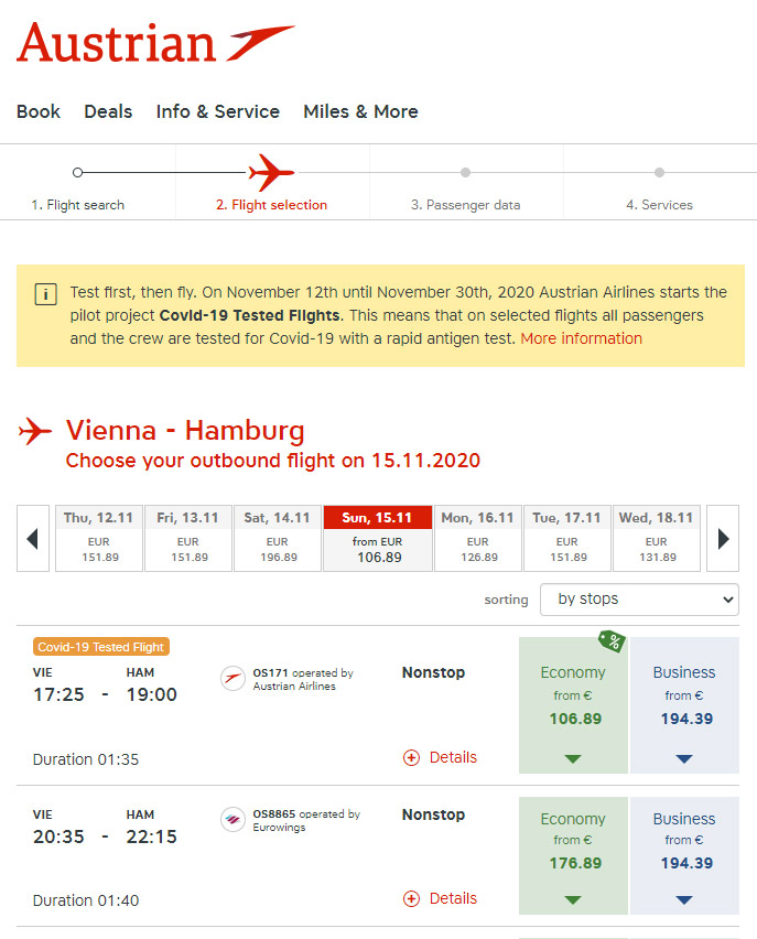 Обозначение рейсов в системе бронирования Austrian Airlines, на которых проводится тестирование пассажиров на коронавирус