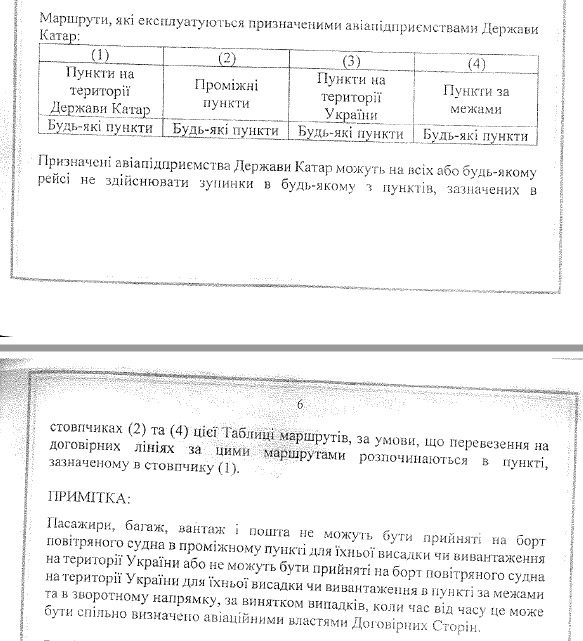 Выдержка из нового соглашения о воздушном сообщении между Украиной и Катаром