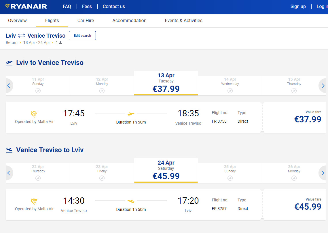 Пример бронирования авиабилетов Ryanair Львов-Венеция Тревизо