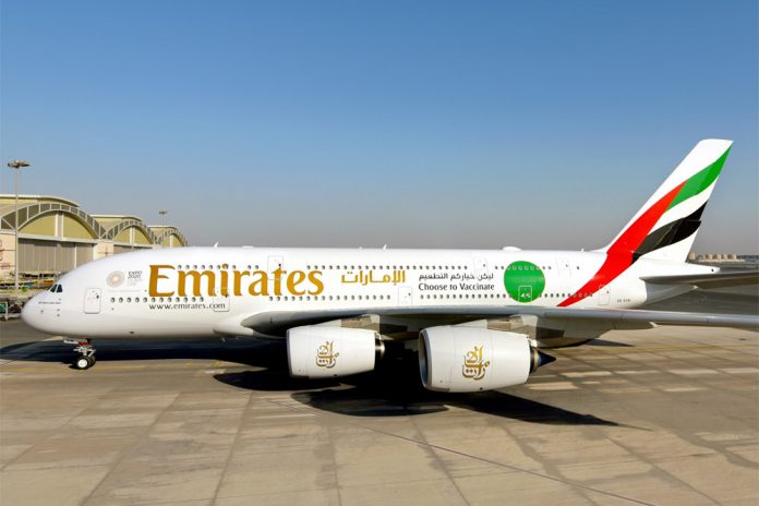 Ливрея на Airbus A380 Emirates в поддержку вакцинации от коронавируса