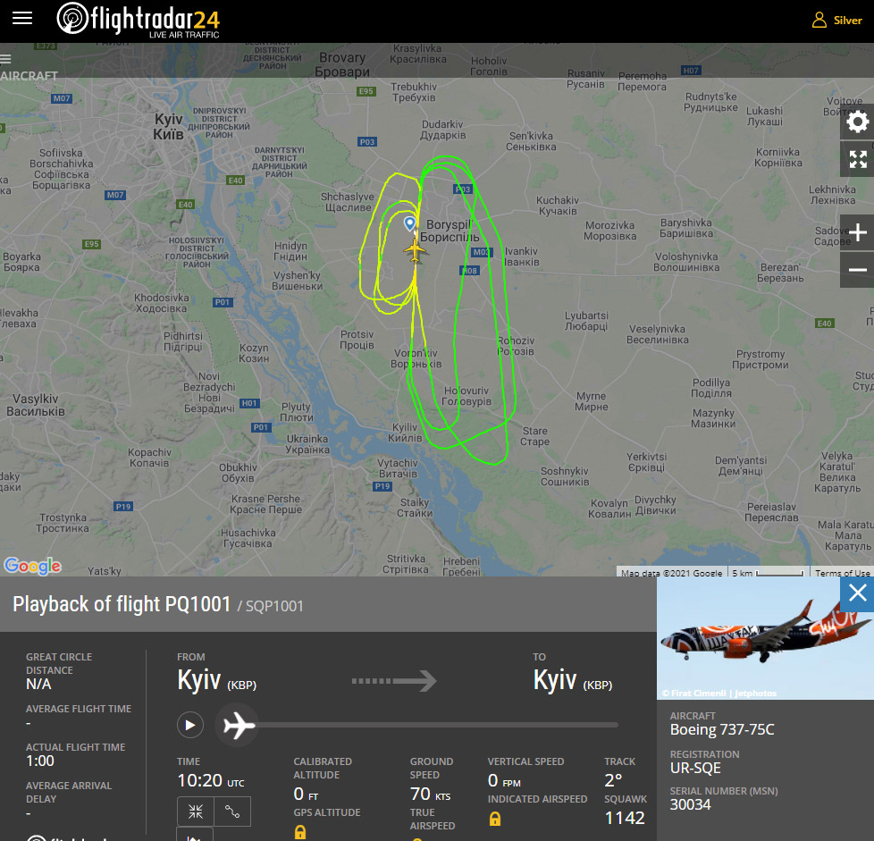 Схема необычных полетов Boeing 737 SkyUp над аэропортом Борисполь