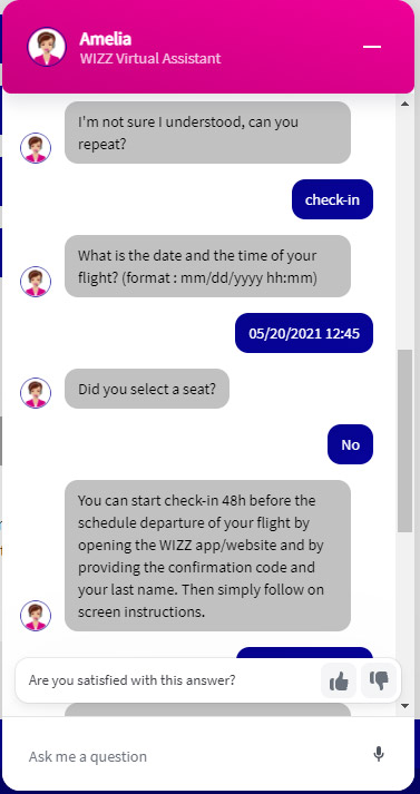 Пример общения с чат-ботом Wizz Air Amelia
