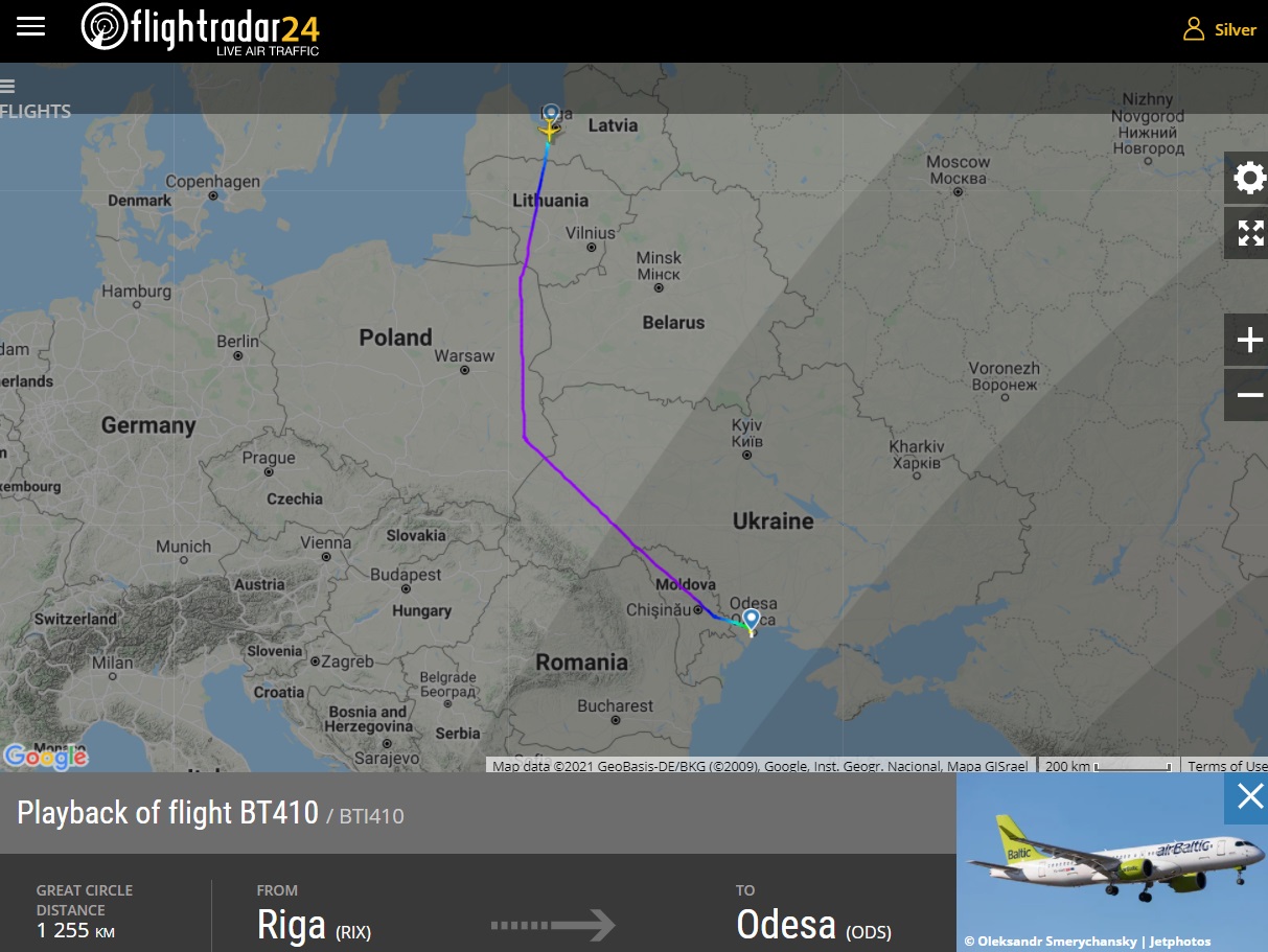 Маршрут рейса airbaltic Рига-Одесса 24 мая 2021 года. Скриншот flightradar24.com