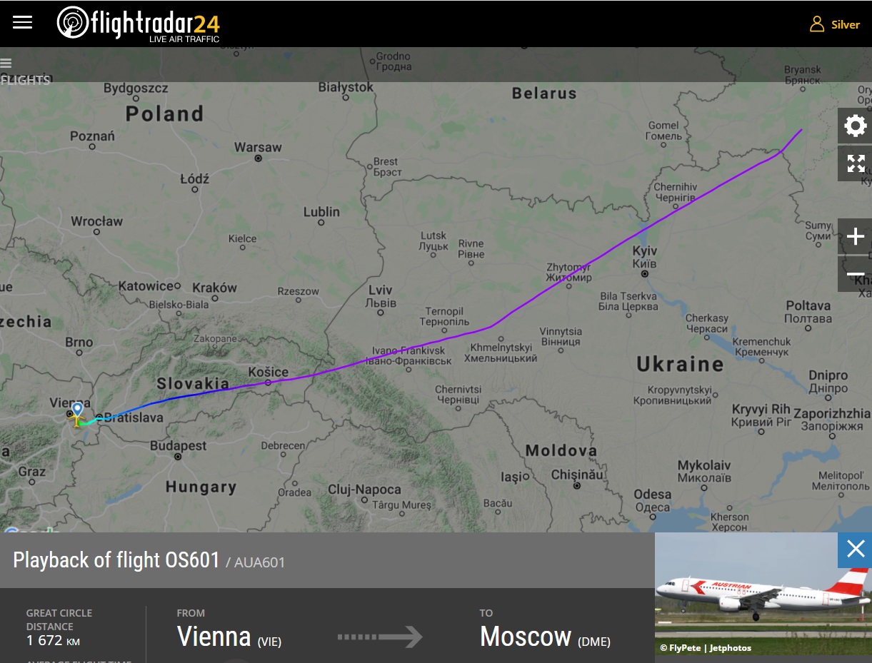 Маршрут рейса Вена-Москва Austrian Airlines 24 мая 2021 года