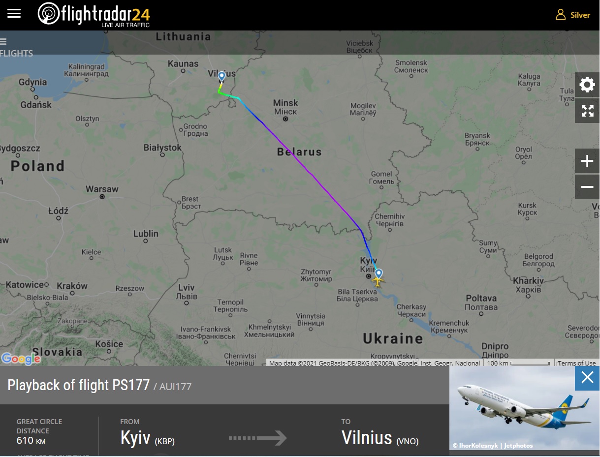 Маршрут рейса Киев-Вильнюс МАУ 24 мая 2021 года. Скриншот flightradar24.com