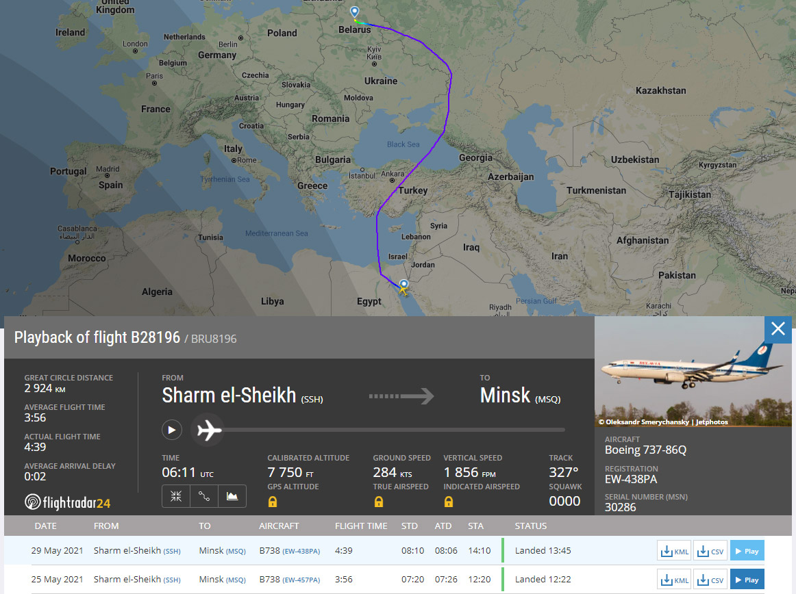 Маршрут рейса "Белавиа" B2 8196 Шарм-эль-Шейх-Минск