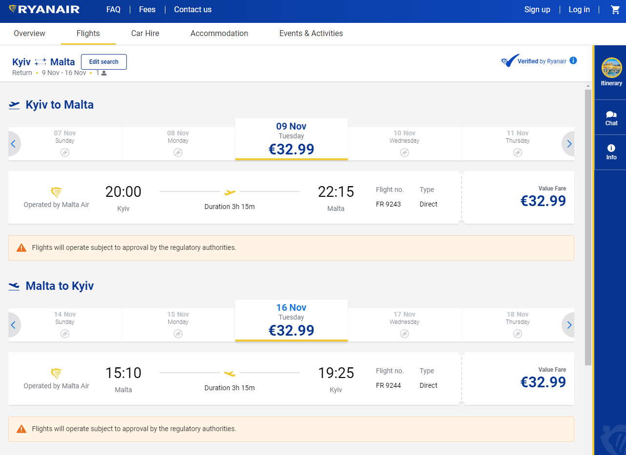 Пример бронирования авиабилетов Киев-Мальта на рейсы Malta Air