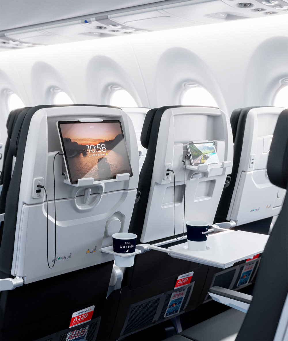 Кресла в Airbus A220-300 Air France оснащены держателями для планшетов и портами USB A и USB C для зарядки