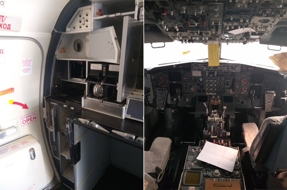 Кухня с кофеваркой и кабина пилотов Boeing 737-500 EW-250PA "Белавиа"