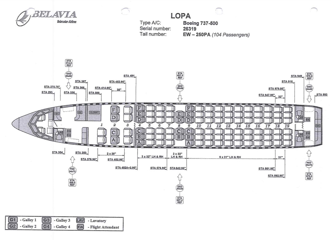 Схема салона Boeing 737-500 EW-250PA "Белавиа"