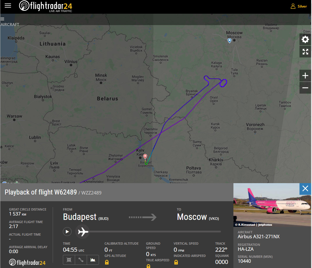 Маршрут самолета Wizz Air перед посадкой в аэропорту Борисполь