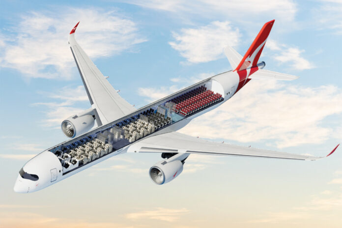 Схема салонів в Airbus A350 Qantas для наддалеких рейсів, проект Sunrise