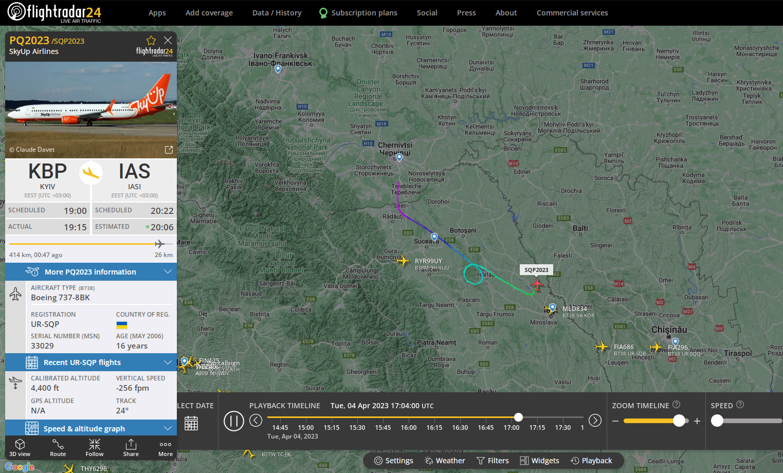 Маршрут полета самолета SkyUp Boeing 737-800 UR-SQP