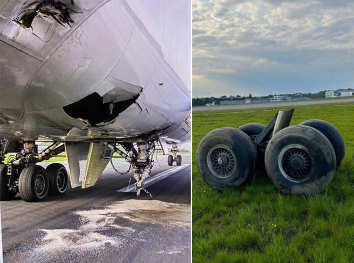 Boeing 747-400F Cargolux после потери стойки шасси. Фото очевидцев
