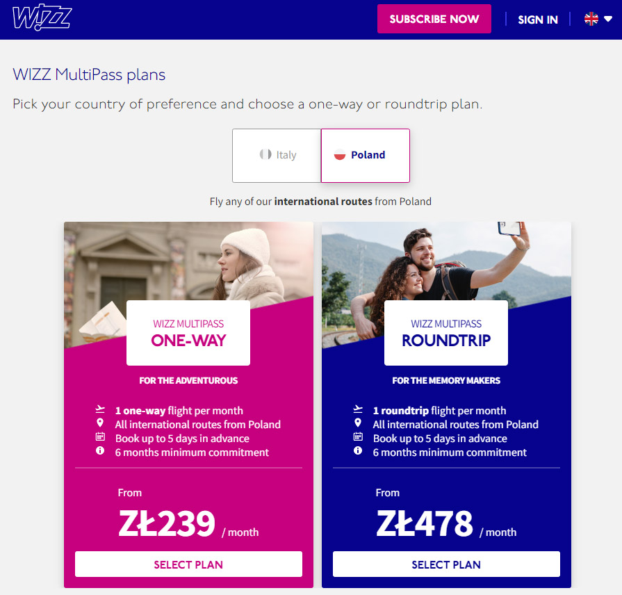 Цена подписки на авиабилеты Wizz Multipass