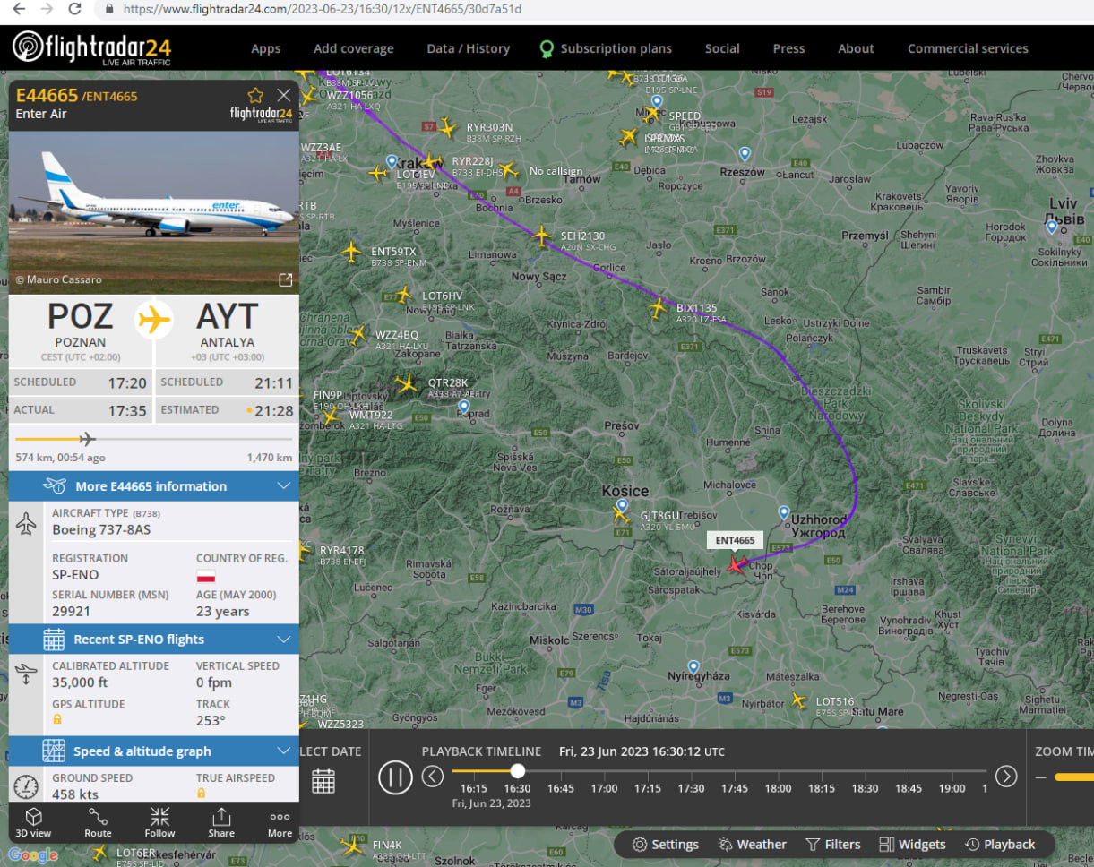Маршрут полета Boeing 737-800 Enter Air над Ужгородом